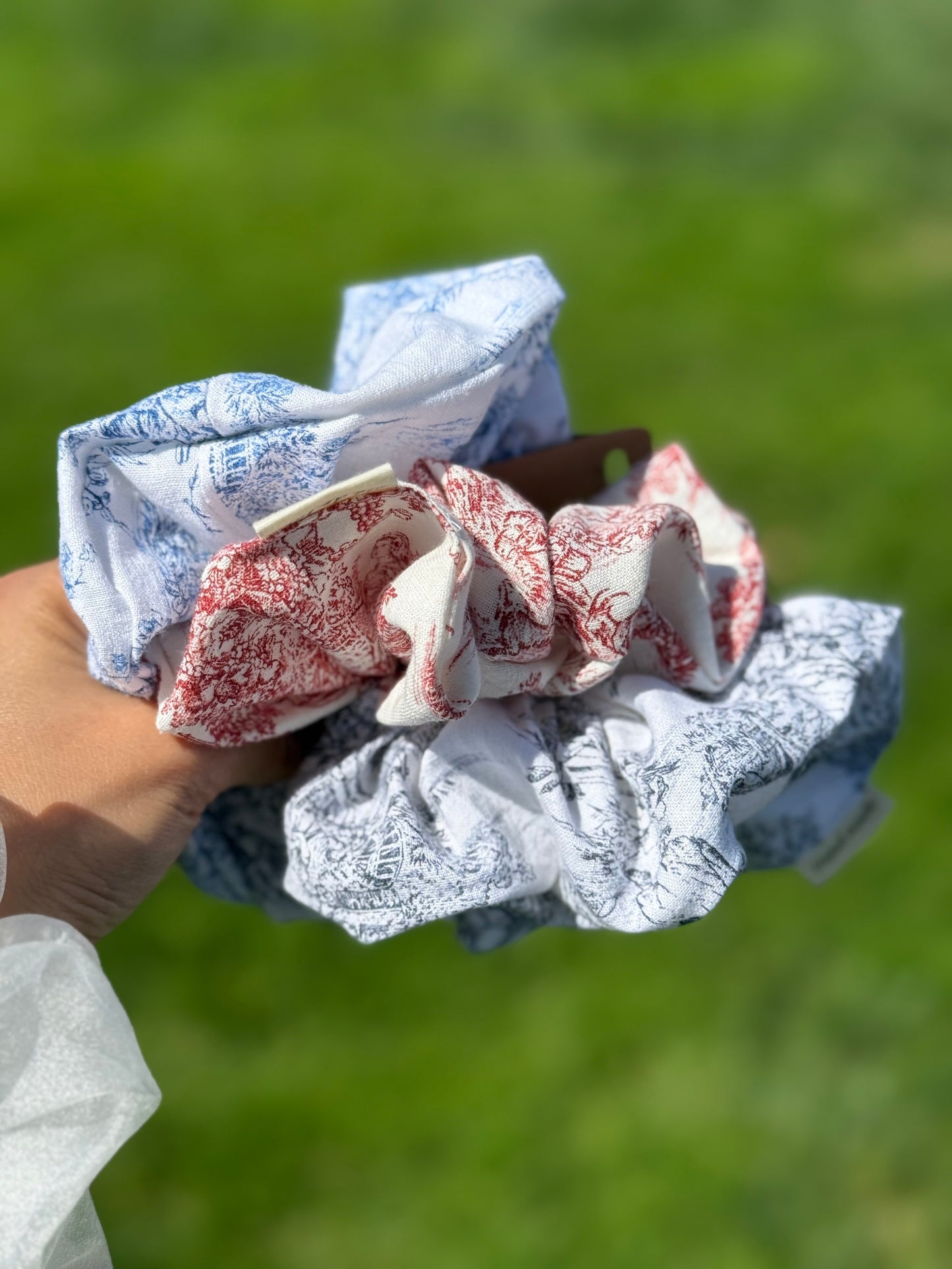 Inspired Toile Scrunchie – Soft Handmade Hair Tie – French Floral Print Hair Accessory –