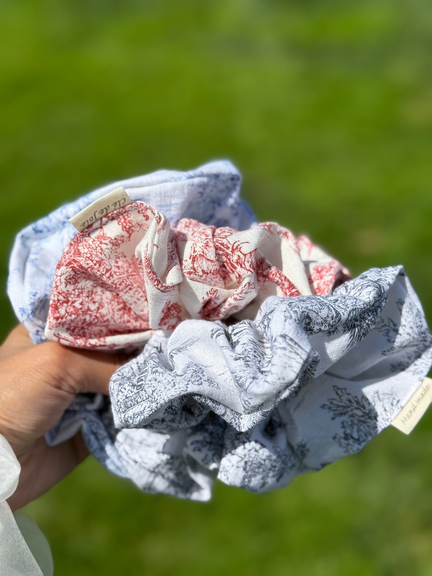 Inspired Toile Scrunchie – Soft Handmade Hair Tie – French Floral Print Hair Accessory –