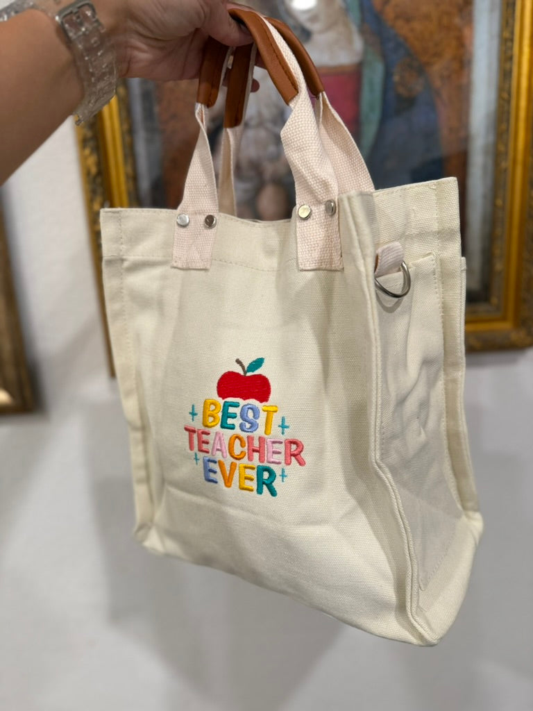 Best Teacher Ever Embroidered Tote Bag – Small Canvas Teacher Gift Bag – Teacher Appreciation Week Gift – Custom School Tote