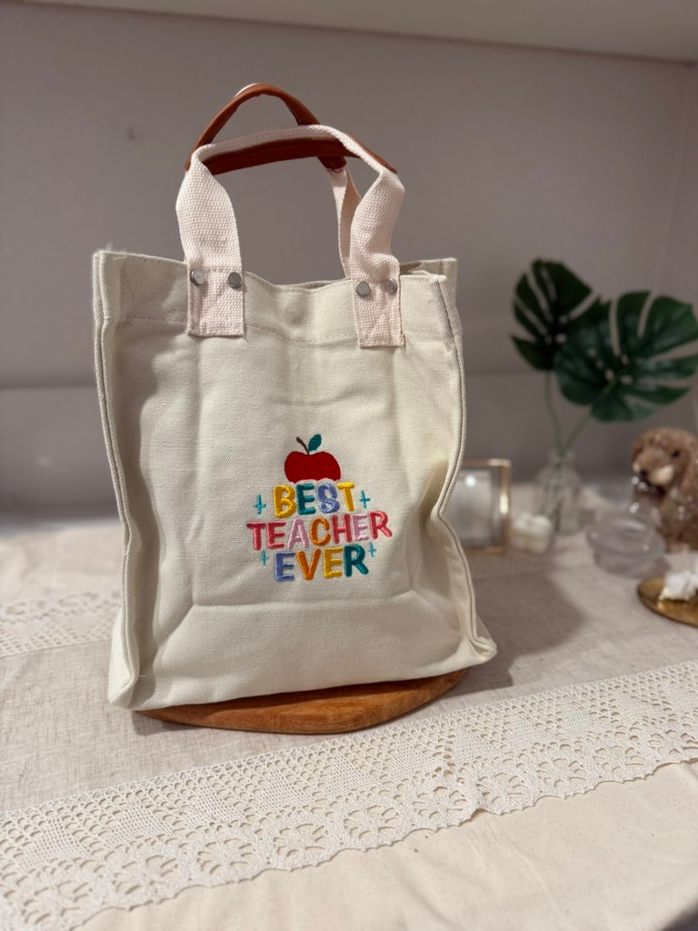 Best Teacher Ever Embroidered Tote Bag – Small Canvas Teacher Gift Bag – Teacher Appreciation Week Gift – Custom School Tote