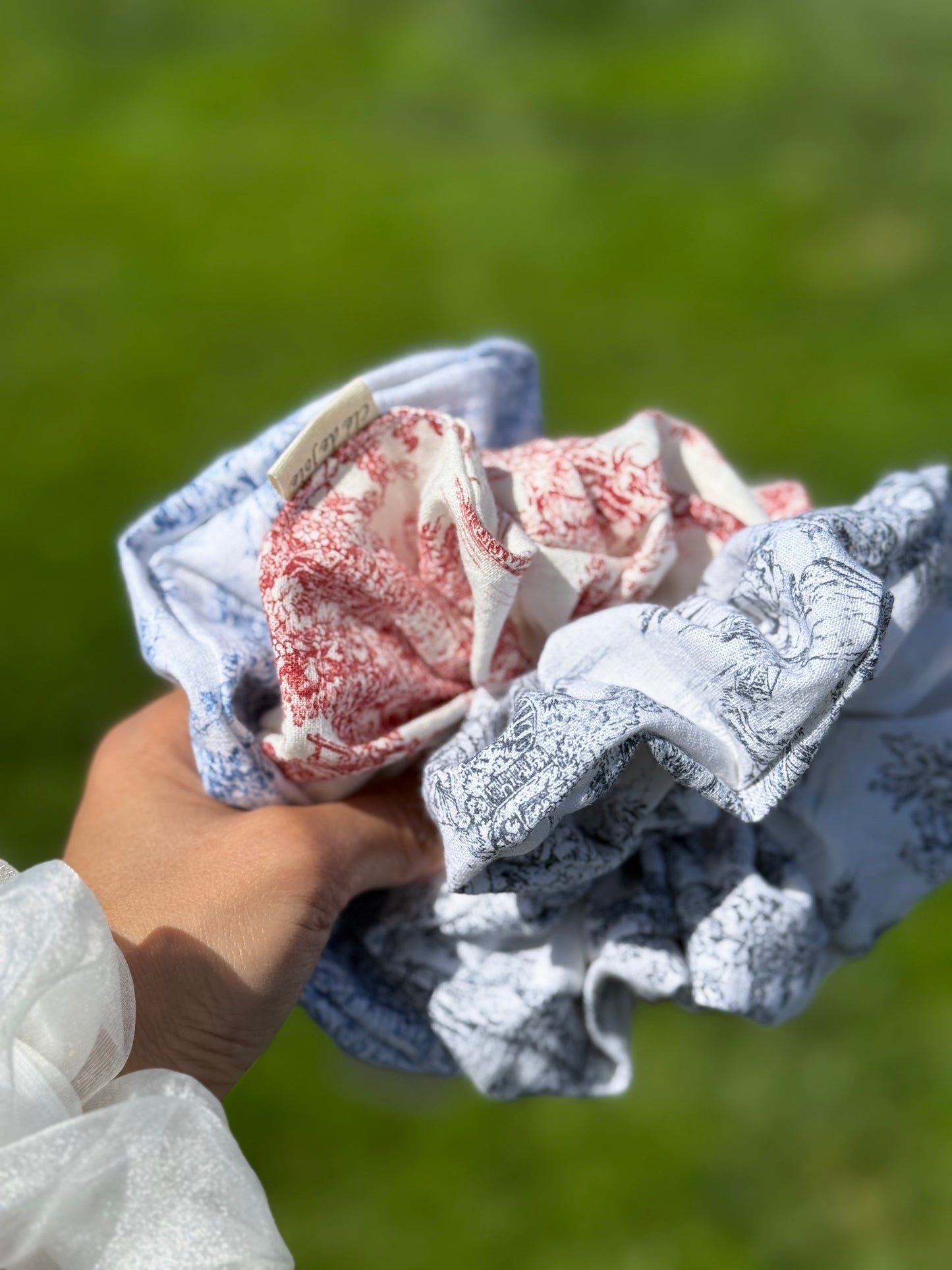 Inspired Toile Scrunchie – Soft Handmade Hair Tie – French Floral Print Hair Accessory –