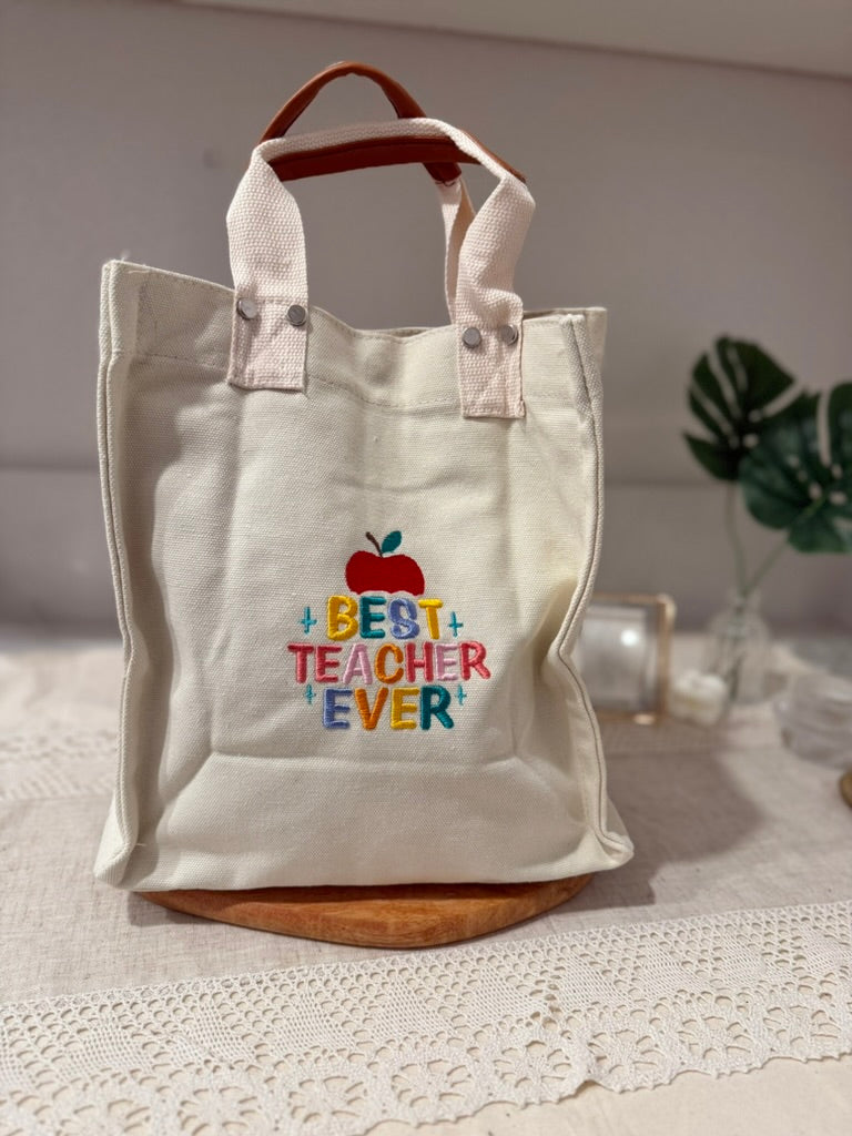 Best Teacher Ever Embroidered Tote Bag – Small Canvas Teacher Gift Bag – Teacher Appreciation Week Gift – Custom School Tote