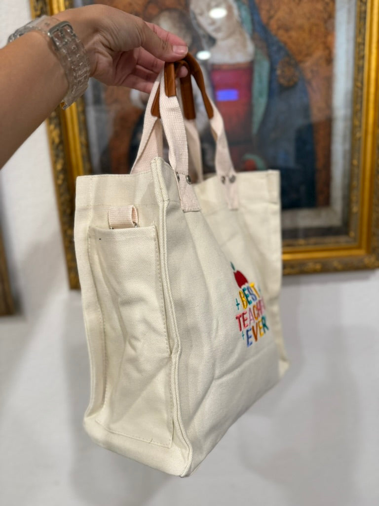 Best Teacher Ever Embroidered Tote Bag – Small Canvas Teacher Gift Bag – Teacher Appreciation Week Gift – Custom School Tote