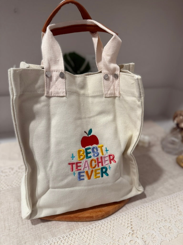 Best Teacher Ever Embroidered Tote Bag – Small Canvas Teacher Gift Bag – Teacher Appreciation Week Gift – Custom School Tote