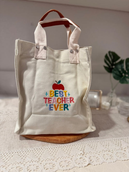 Best Teacher Ever Embroidered Tote Bag – Small Canvas Teacher Gift Bag – Teacher Appreciation Week Gift – Custom School Tote