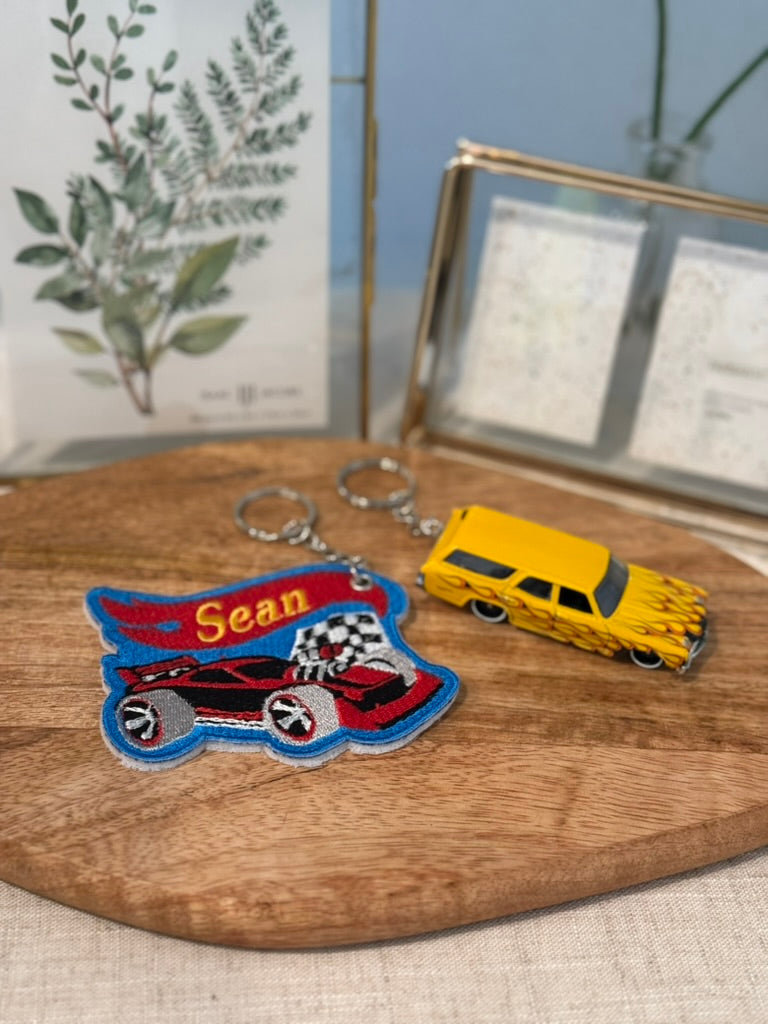 Race Car Embroidered Keychain